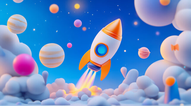 colorful rocket launches into vibrant cosmic scene filled with planets and clouds, creating magical atmosphere of adventure and exploration