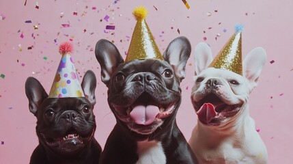 Fototapeta premium Three French bulldogs in party hats with confetti. (1)