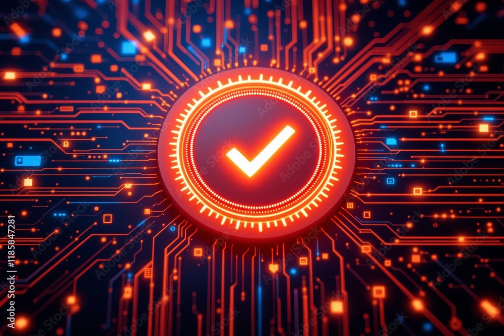 Aufkleber a bright orange checkmark in a circular design, glowing on an illuminated circuit board background, 