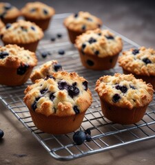 A blueberry muffin with a crumbly streusel topping on a wire rack, kitchen, dessert, food