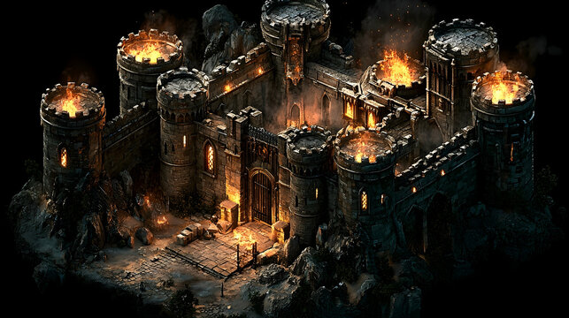 Fototapeta Burning medieval castle siege game asset, fiery battle, dark background