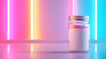 Health and wellness scene, protein powder beside workout gear, vibrant lighting, clean space for text overlay, dynamic and motivating appeal