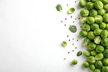 Vibrant brussels sprouts pile on white background for healthy eating concept.
