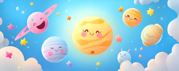 Cute planets with smiling faces in colorful sky filled with clouds and stars. This whimsical illustration captures joyful cosmic scene, perfect for children themes