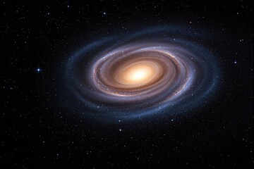 Fototapeta premium A luminous spiral galaxy with glowing core and swirling arms, surrounded by numerous stars against a cosmic background. Concept of astronomy and universe. Ai generative