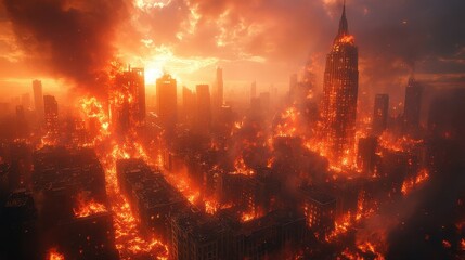 Fototapeta premium Burning Metropolis at Sunset in Apocalyptic Scene