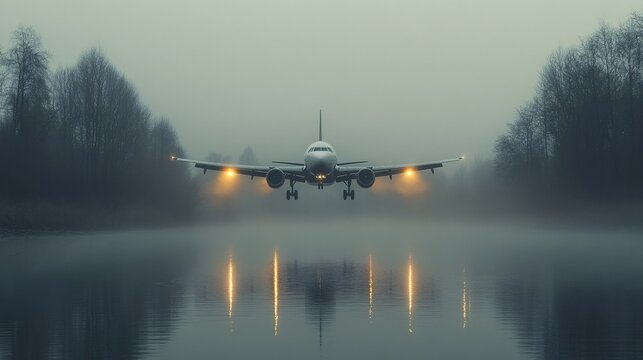 Plane Flying Through Misty Light Over Water