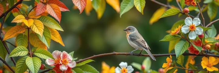 A bird perched on a branch surrounded by vibrant spring leaves and colorful flowers, birdsong, wildflowers