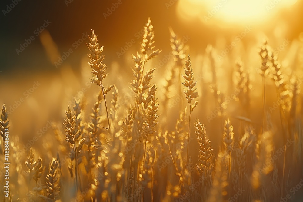Poster close up view of golden wheat ears in field with blurry background at sunset creating a luminous atm