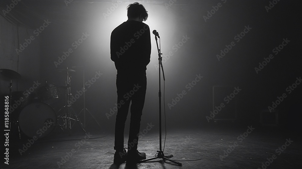 Poster silhouette of a singer standing at a microphone on a dark stage with a drum set in the background.