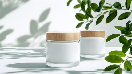 Herbal skincare jars with fresh leaves, minimalist background, wellness theme