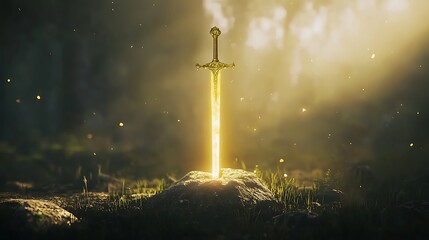Naklejka premium A golden sword is on a rock in a field