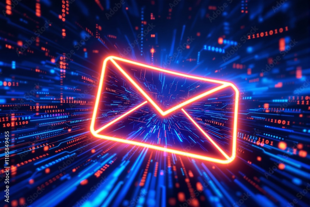 Poster neon envelope icon glowing in orange light, surrounded by binary codes and lines, on a futuristic bl