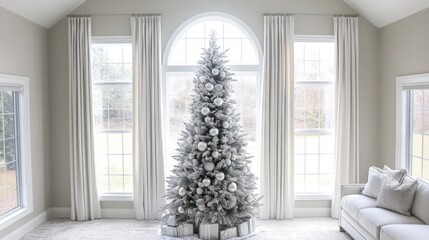 A Christmas tree decorated with white and silver ornaments in a chic minimalist home