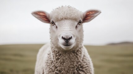 Close-up portrait of a young, fluffy white sheep looking directly at the camera in a field.