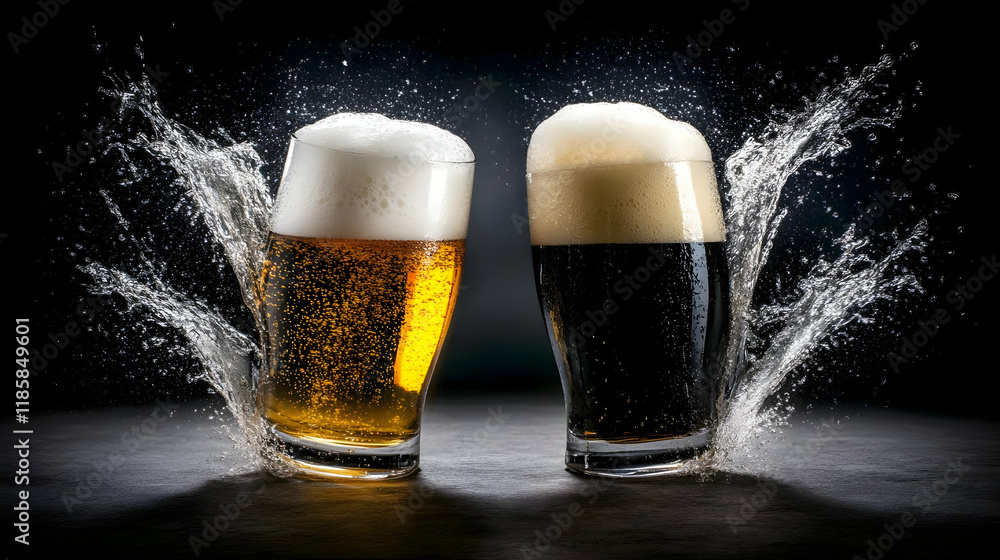 Aufkleber beer splashing dramatically onto dark table with foam and bubbles dynamically