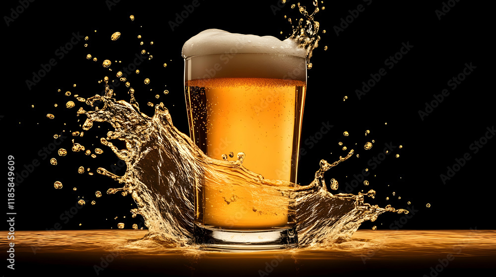 Poster golden beer splashes and foam overflows dramatically on black background