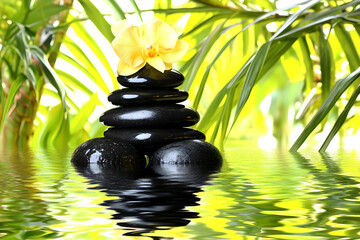 Zen Stones Balance Creates Tranquil Oasis with Orchid in Water Reflection