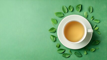 Herbal tea ingredients spread around teacup, vibrant greens, and earthy tones, inviting ad space, organic and health-focused look