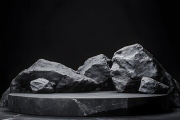 Dark rocks product display, studio, black background, mockup