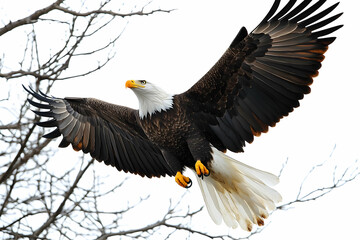Obraz premium Eagle Soars with Majestic Wings through Winter Sky