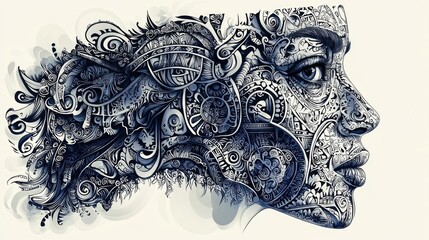 Fototapeta premium Intricate Blue and White Abstract Woman Profile Portrait: A Masterpiece of Detailed Line Art and Pattern Design