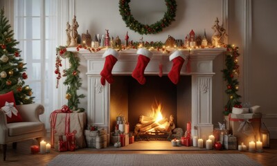 Obraz premium A beautifully decorated Christmas mantel with stockings and festive decorations, colorful stockings, Christmas mantel