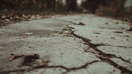 Cracked asphalt path with autumn leaves.