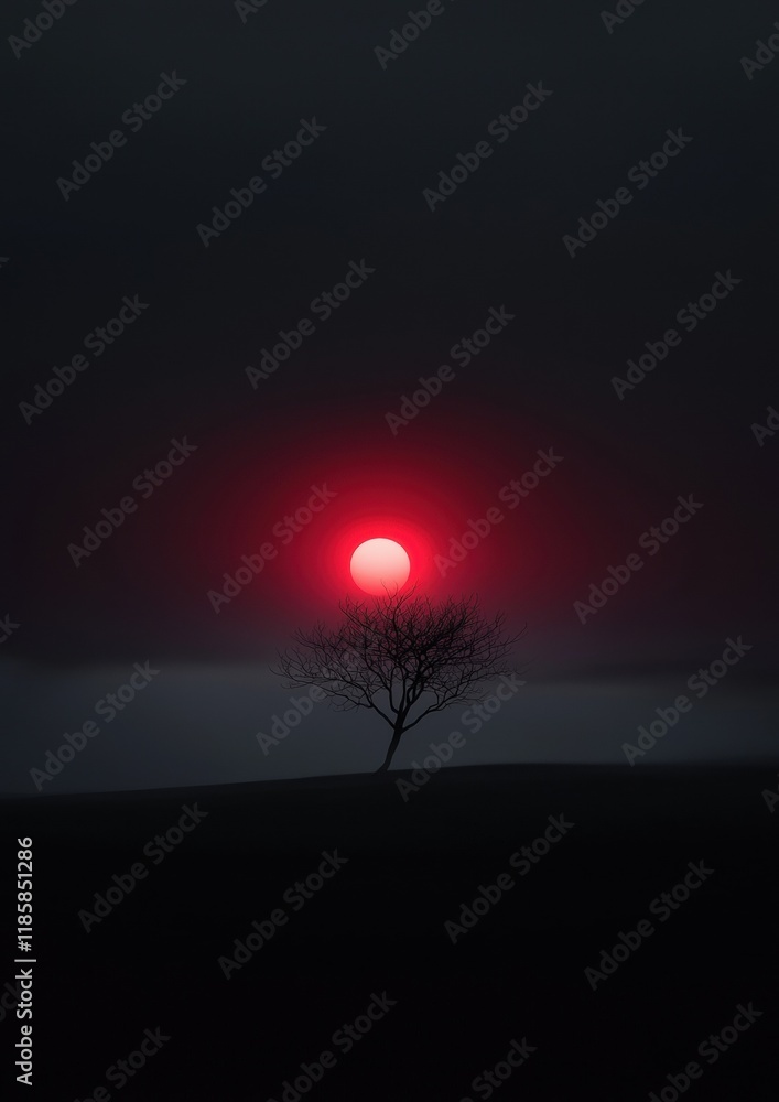 Poster a tree stands in a field with a red sun in the background