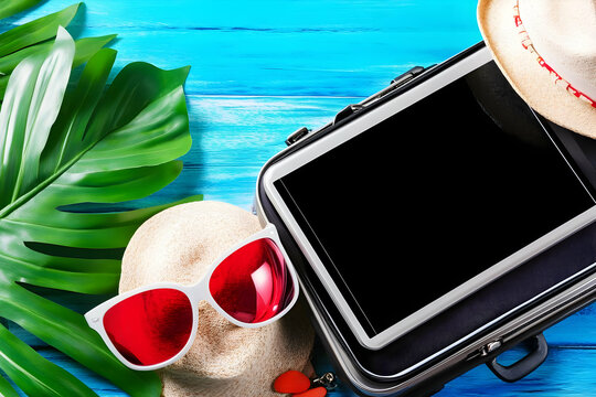 Travel Accessories Pack Smartly: Luggage, Sunglasses, Hat, Tropical Getaway Essentials - Powered by Adobe