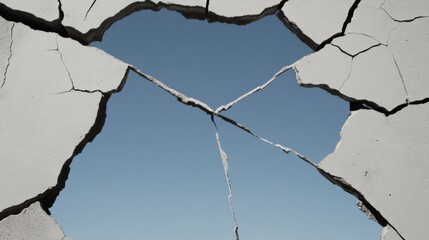 Cracked concrete reveals clear blue sky.