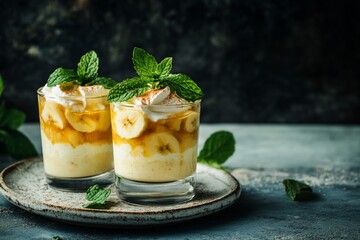 Two glasses of banana dessert with whipped cream and cinnamon.