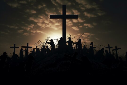Silhouettes of people marching towards a large cross at sunset, creating a dramatic and symbolic scene
