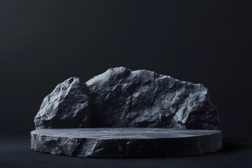 Dark stone podium, product display, rocky background