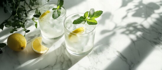 Two glasses of refreshing lemon and mint iced drinks on a marble surface in sunlight.