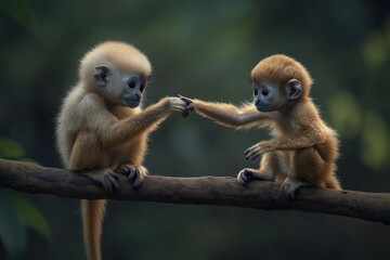 Obraz premium Two golden monkeys holding hands on a branch.