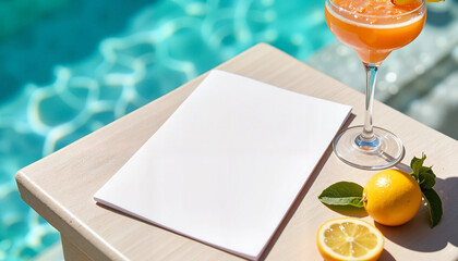 Stylish cocktail menu mockup on poolside table, summer relaxation