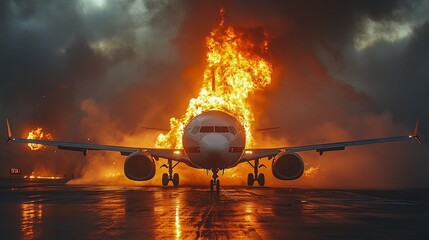 Airplane Engine Engulfed in Flames During Emergency