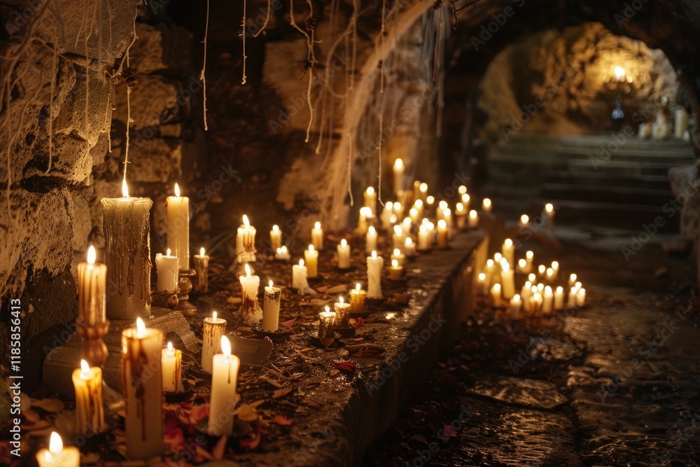 Poster many burning candles illuminating dark mysterious ancient tunnel creating mystical atmosphere