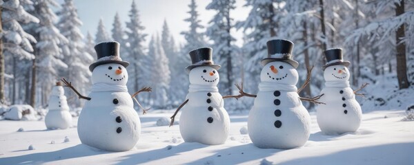 A group of snowmen in a snowy landscape with snow-covered trees , snowy, frosty, snowman