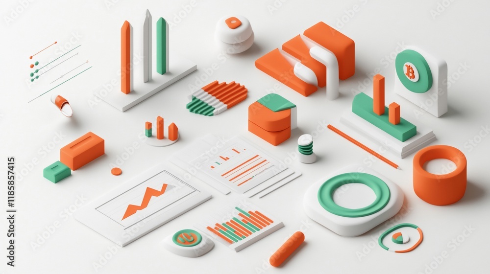 Poster abstract 3d isometric data visualization with charts and graphs.
