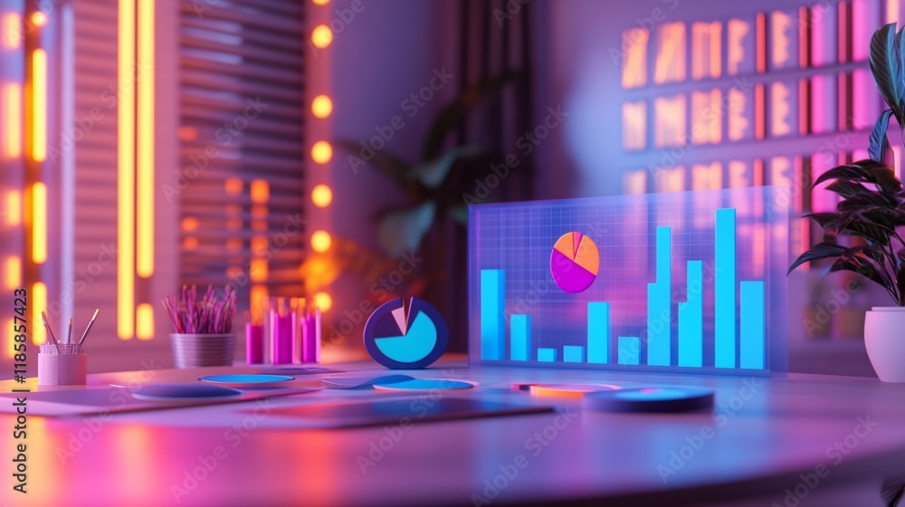 Aufkleber neon-lit desk with charts and graphs on a transparent screen, showcasing data analysis and business 