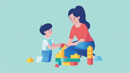 Joyful Mother and Son Engaging in Creative Play with Colorful Building Blocks on a Light Blue Background, Promoting Family Bonding and Educational Fun