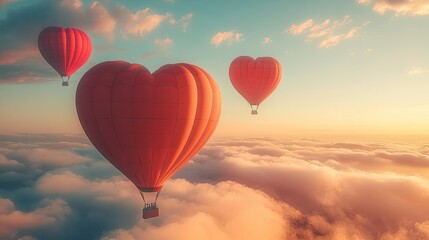 Obraz premium Heart-Shaped Hot Air Balloons Soaring Above Clouds at Sunset