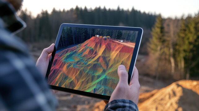 person holds tablet displaying colorful 3D geotechnical model of landscape. vibrant colors represent different geological features, showcasing advanced technology in geoscience