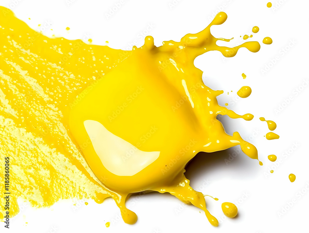 Poster yellow paint splatter splashes dynamically on white background