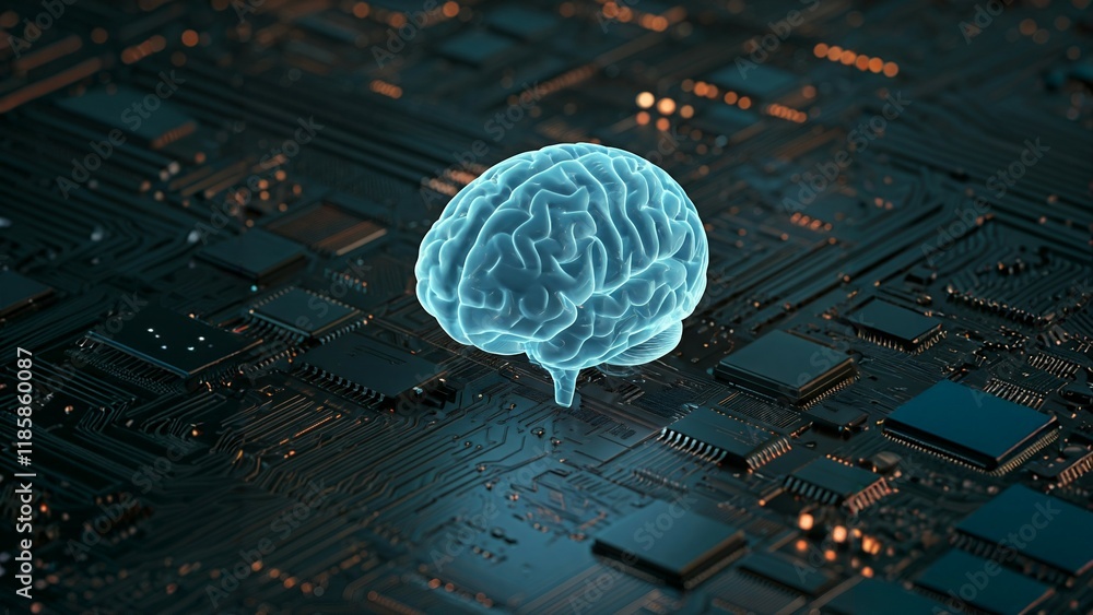 Poster a glowing brain superimposed on a circuit board, symbolizing artificial intelligence.