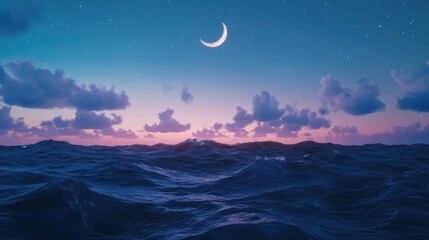 A tranquil sea with the crescent moon rising above the horizon