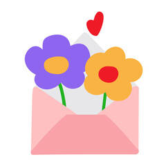 Open envelope with two flowers. Hand drawn flat vector illustration on white background.