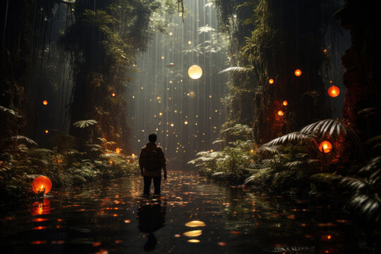 a man standing in a dense forest illuminated by fairy lights  - Powered by Adobe